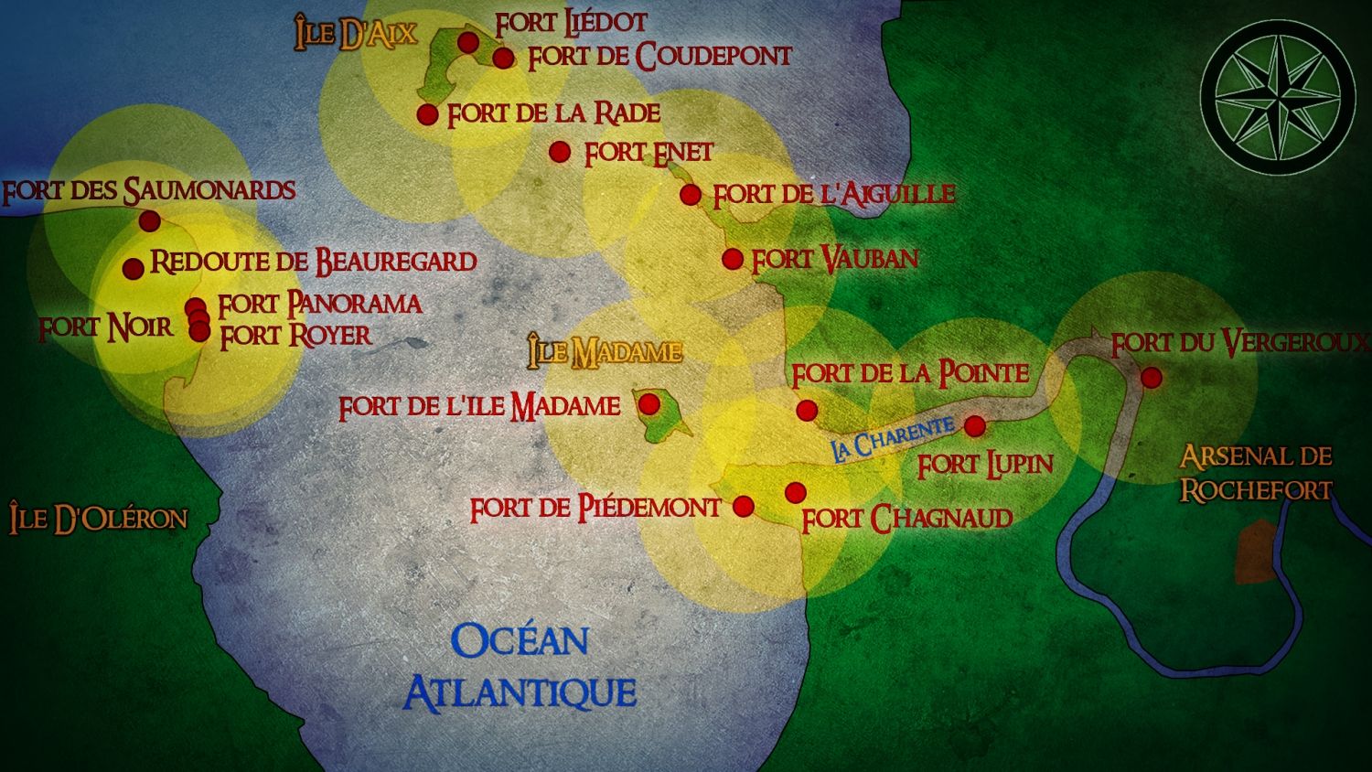 Carte présentant le champ d'action des différents forts du littoral Charentais