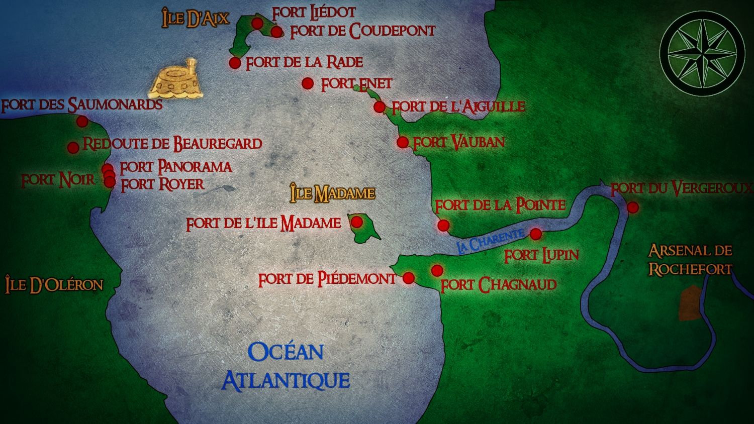 Carte des différents forts du littoral Charentais
