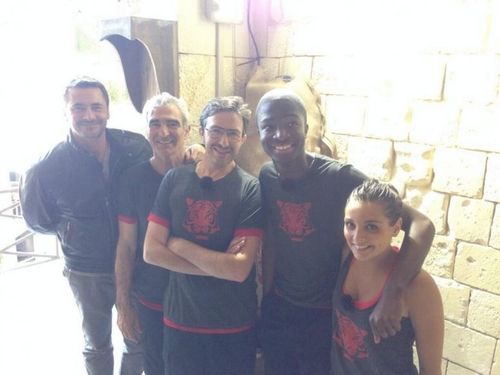 Olivier Minne, Raymond Domenech, Florian Gazan, Stéphane Bak et Priscilla lors du tournage